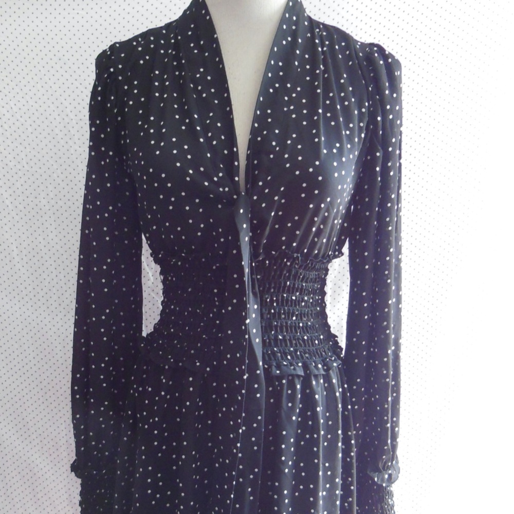 NEW MAX STUDIO Black CHIFFON Smocked Waist POLKA DOT Neck Tie MIDI DRESS XS - Picture 5 of 11